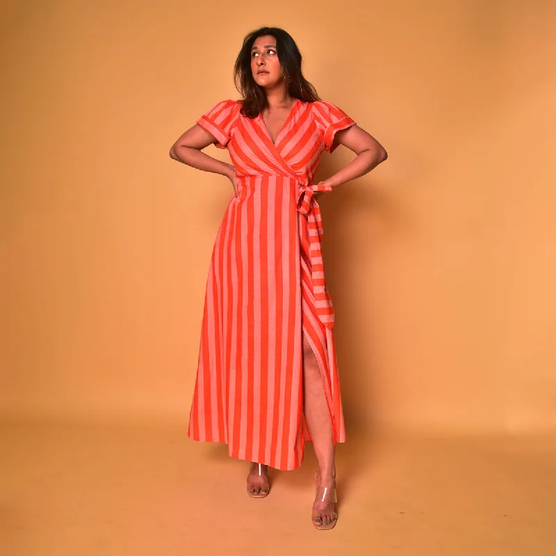 Cotton Wrap Dress for Women | Striped | Peach & Orange