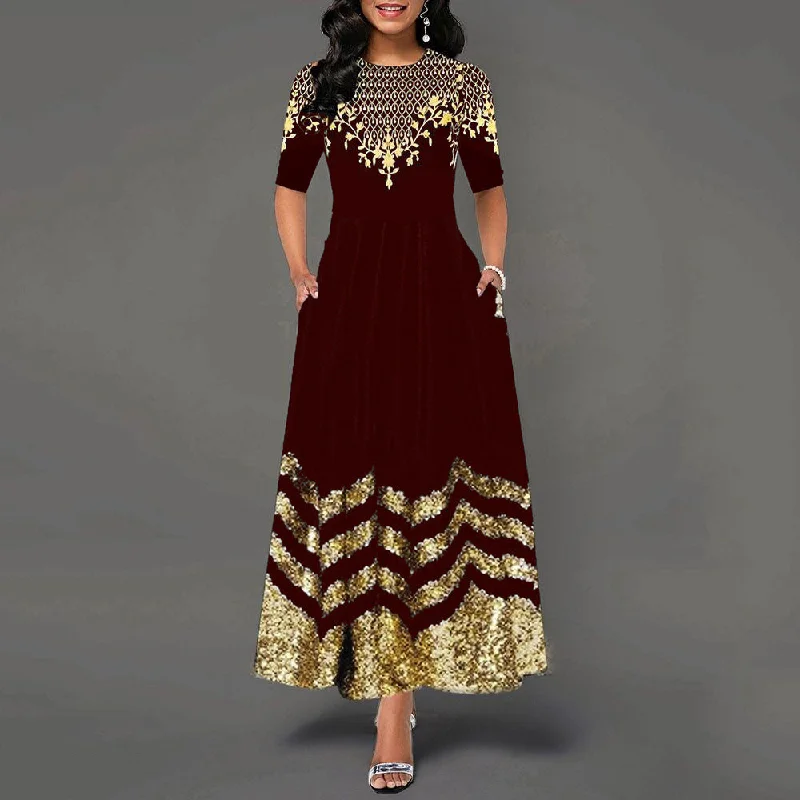 Women's African Long Dress Round Neck Elegant Dresses