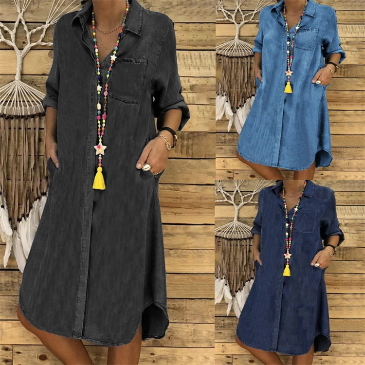 Women's Denim One-piece Dress Solid Color Casual Dresses