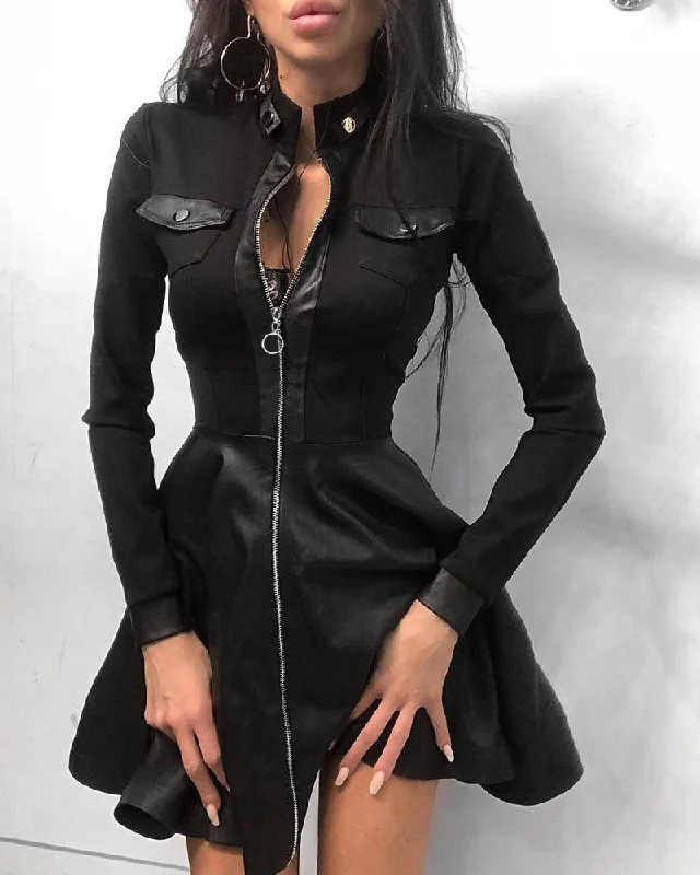 Women's Fashion Leather Stitching Waist Dress Dresses