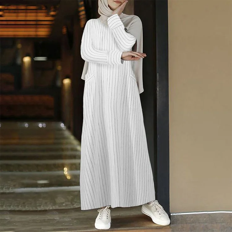 Women's Long Dress Retro Fashion Casual Sleeve Striped Plus Size