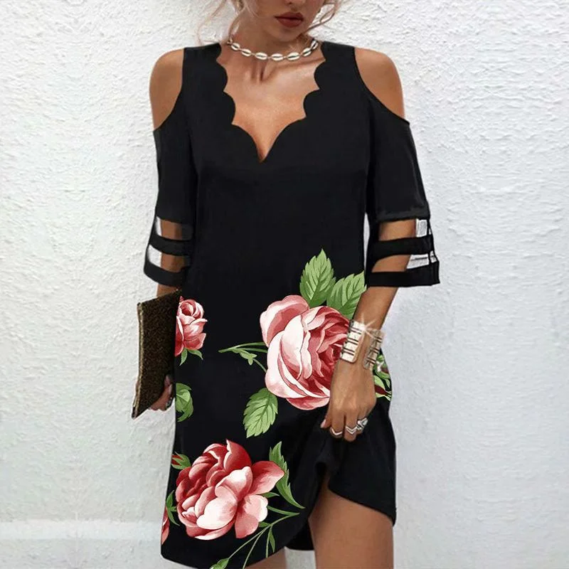 Women's Summer Positioning Flower Mesh Sleeve Dress Dresses