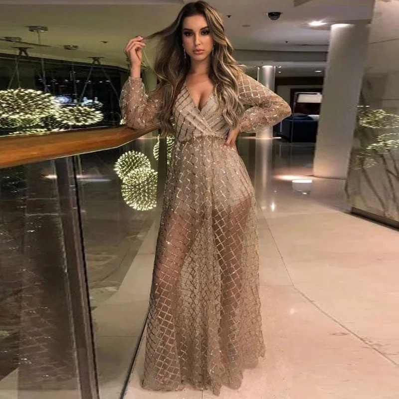 Women's Summer Sexy V-neck Backless Sequin Gauze Long Dresses