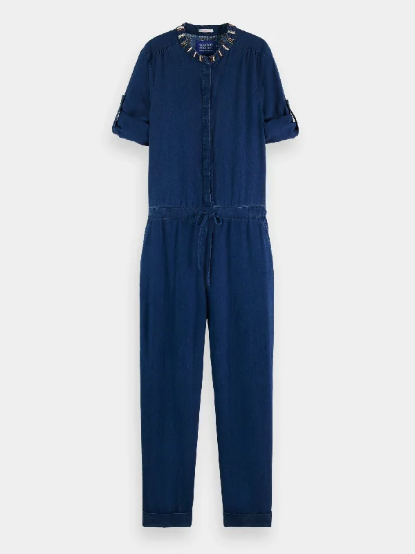 Beaded indigo jumpsuit