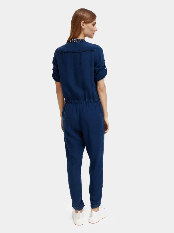 Beaded indigo jumpsuit