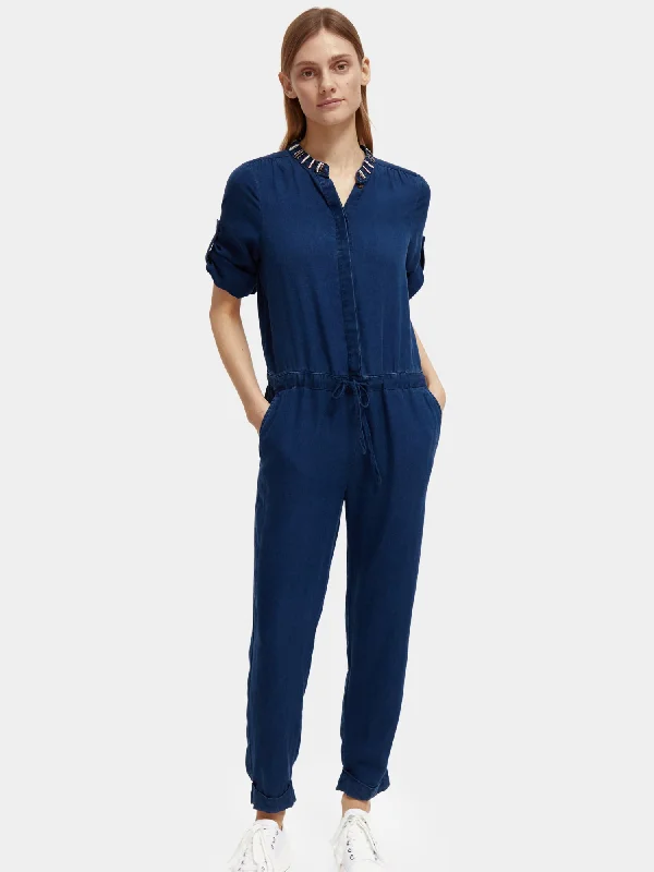 Beaded indigo jumpsuit