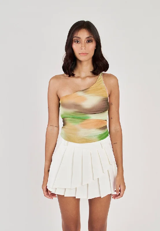 Geniva Multicolor Tie Dye Assymetrical Neckline Ruched Sides Bodysuit