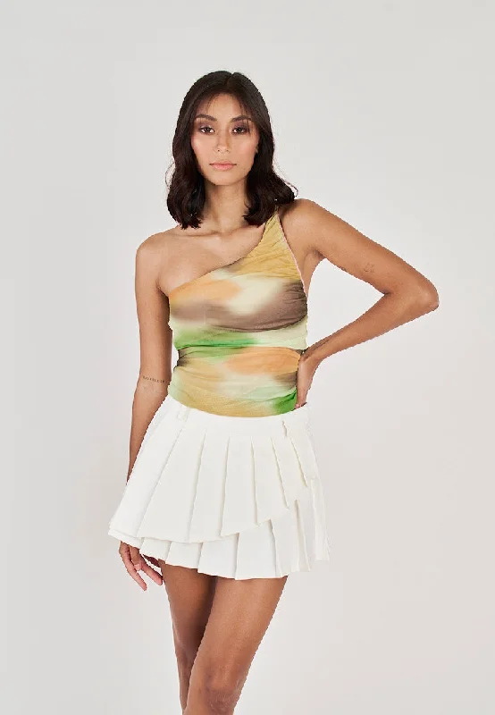 Geniva Multicolor Tie Dye Assymetrical Neckline Ruched Sides Bodysuit