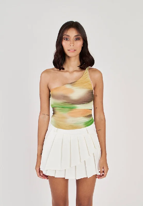 Geniva Multicolor Tie Dye Assymetrical Neckline Ruched Sides Bodysuit