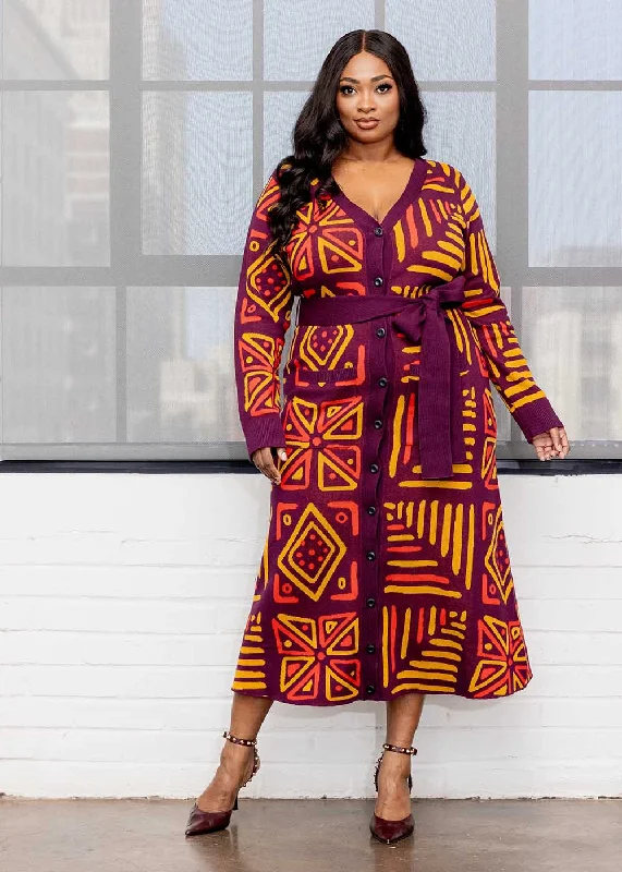 Aisha Women's African Print Cardigan (Plum Gold Tribal)