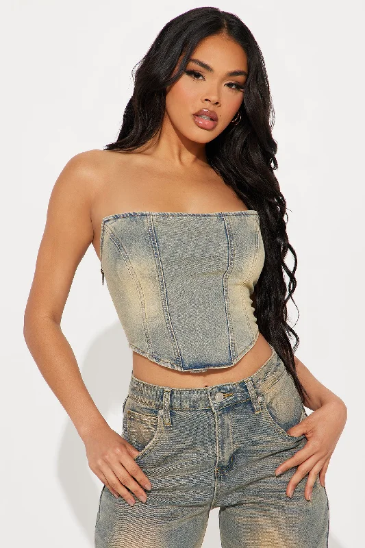 Above It All Washed Denim Corset Top - Vintage Wash