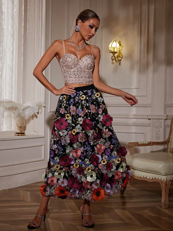 Amory Flower Embroidered Skirt In Black