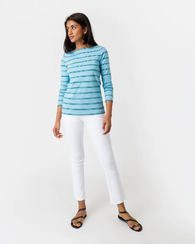 Long-Sleeved Boatneck Tee in Blue/Green Stripe Jersey