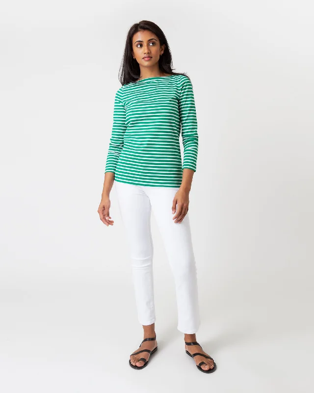 Long-Sleeved Boatneck Tee in Green/White Stripe Compact Jersey