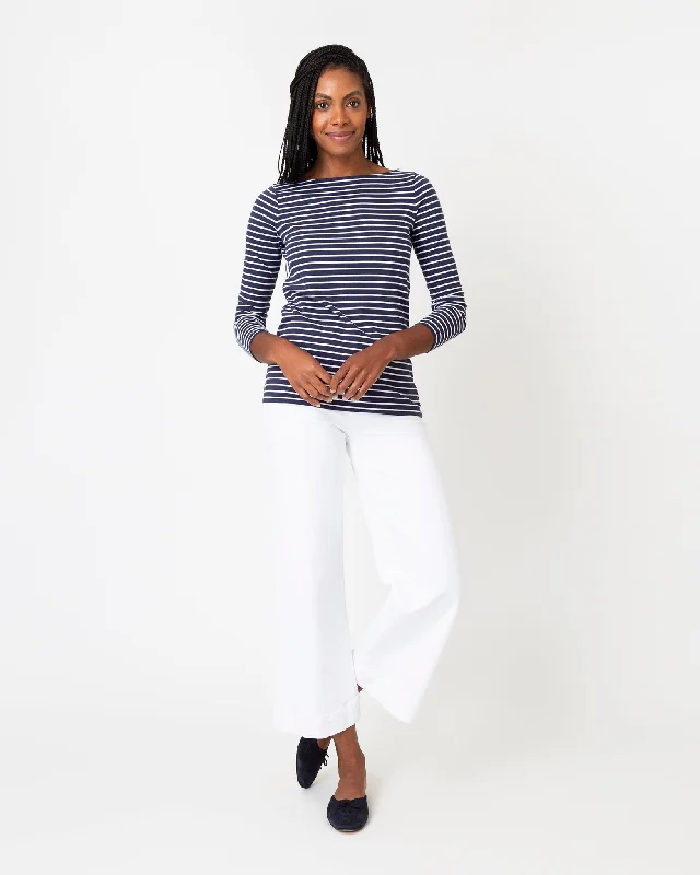 Long-Sleeved Boatneck Tee in Navy/White Stripe Jersey