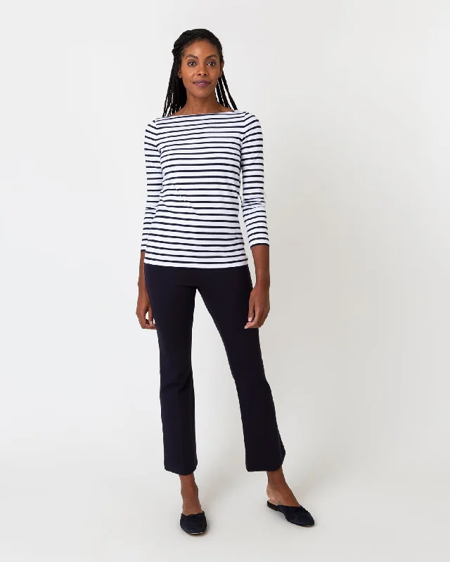 Long-Sleeved Boatneck Tee in White/Navy Stripe Compact Jersey