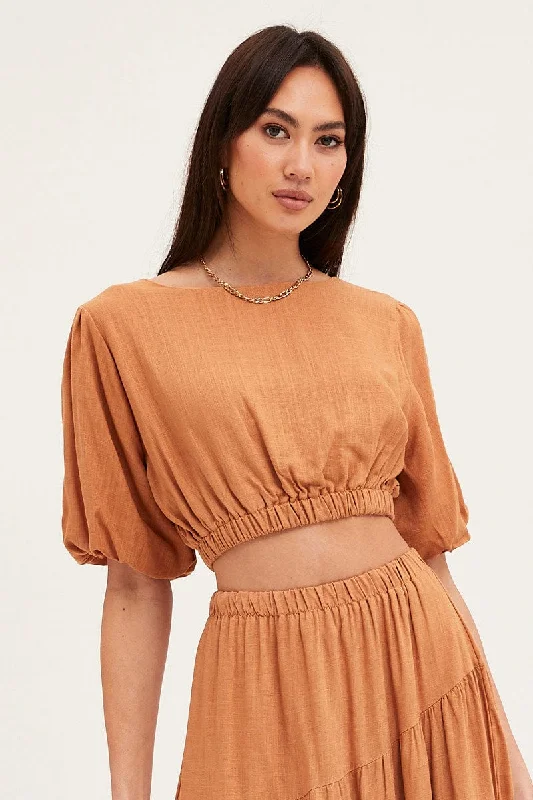 Beige Crop Top Puff Sleeve