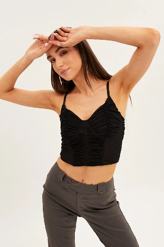 Black Corset Top Sleeveless Sweetheart Mesh Crop