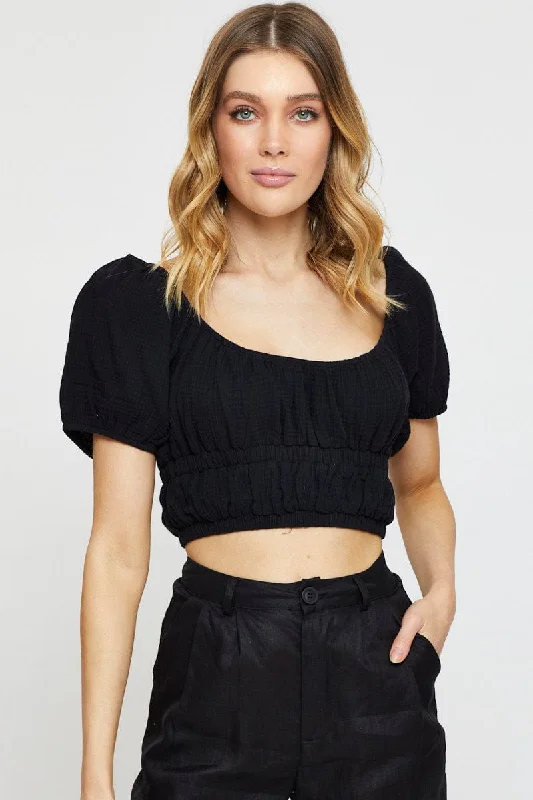 Black Crop Top Short Sleeve Gathered Bust