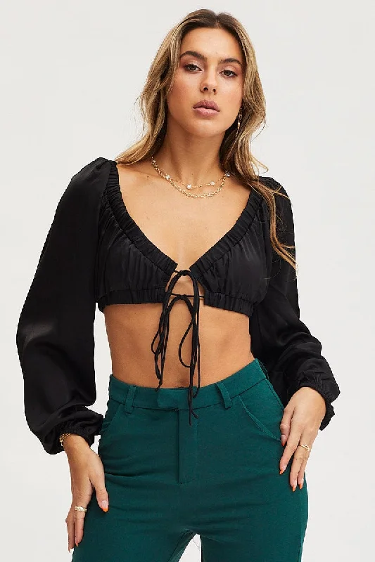 Black Tie Up Top Long Sleeve Crop