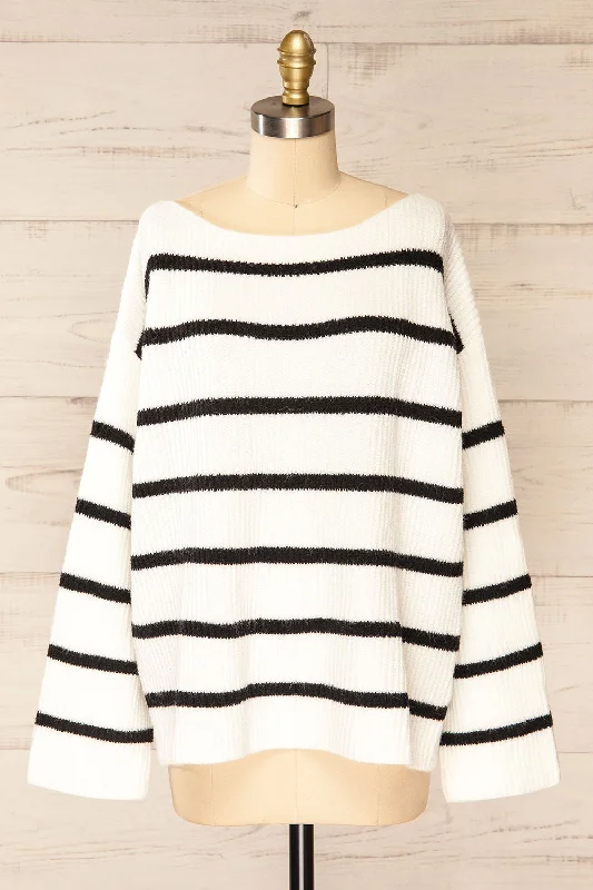 Brest | Oversized White Thick Knit Striped Sweater