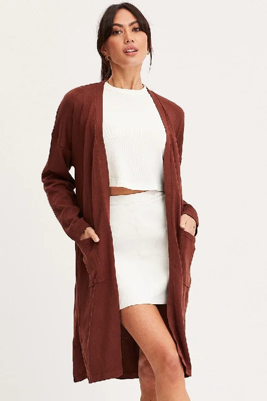 Brown Knit Cardigan Long Sleeve Relaxed Longline