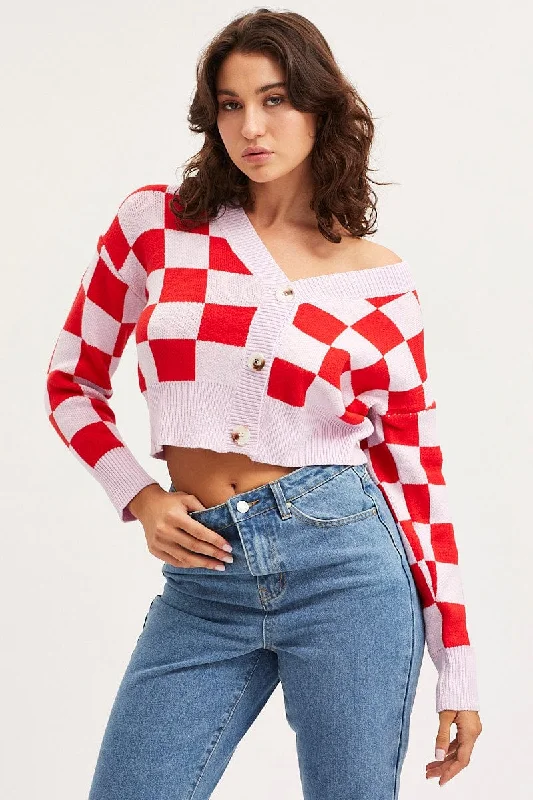 Check Knit Cardigan Long Sleeve Crop V-Neck