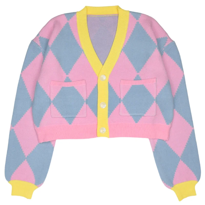 Cropped Blue and Pink Argyle Cardigan