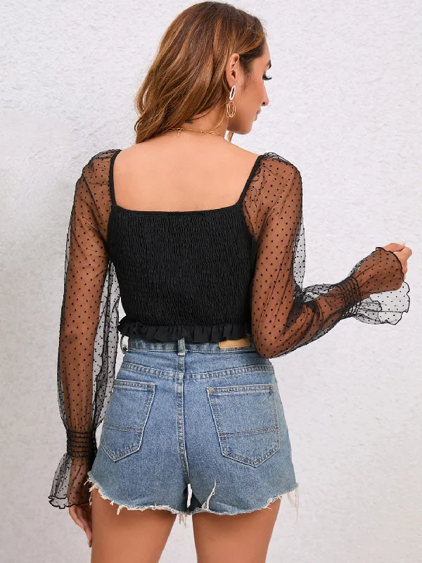 drawstring-flounce-sleeve-cropped-top