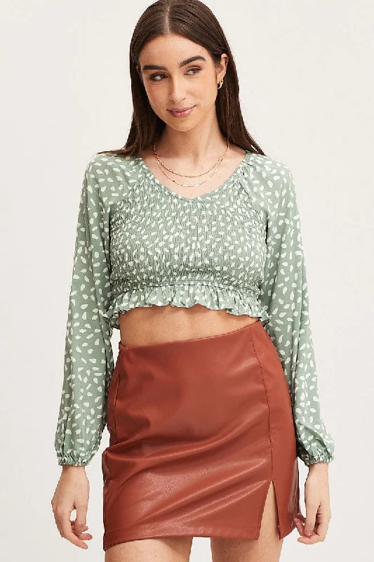 Geo Print Crop Top Long Sleeve