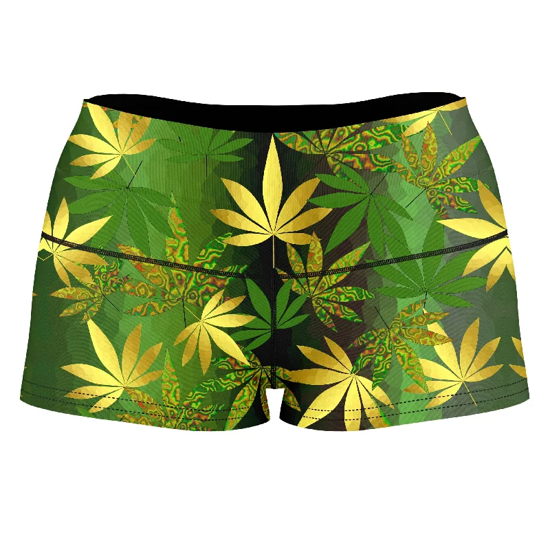 Gold Weed Leaves High-Waisted Women's Shorts