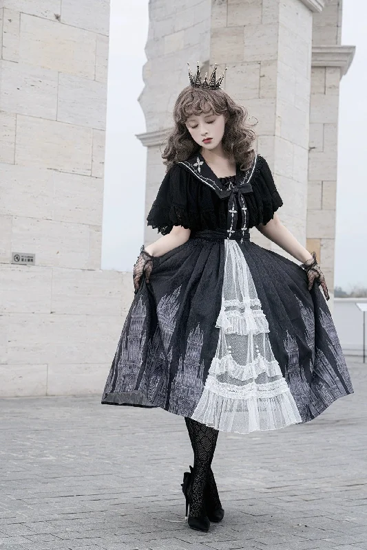 Cornfield Lolita~Silent Church~Gothic Lolita JSK Front Open Printed Dress and Thin Cardigan Set