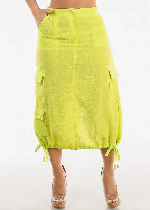 High Waist Cargo Midi Skirt Neon Lime