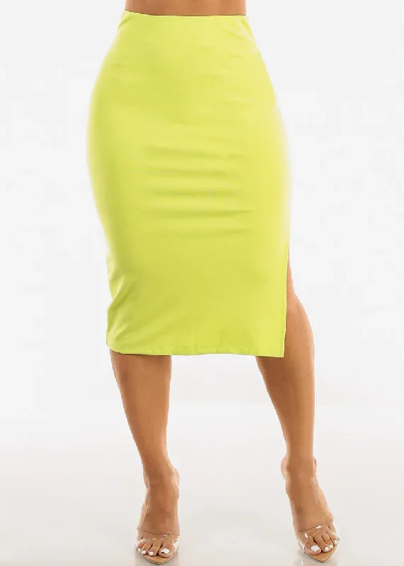 High Waist Side Slit Pencil Skirt Lime