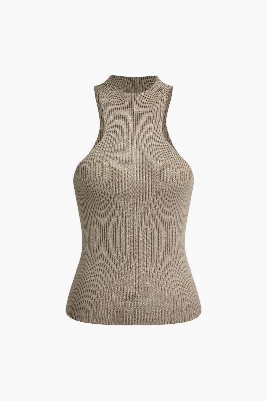 Ribbed Sleeveless Mock Neck Knit Tank Top