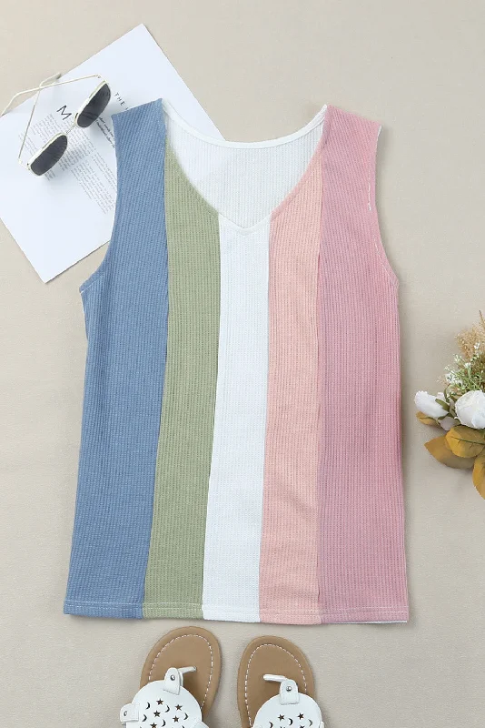 multicolored-striped-waffle-knit-sleeveless-tank