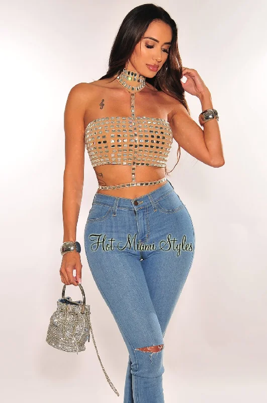 Nude Rhinestone Halter Strappy Crop Top