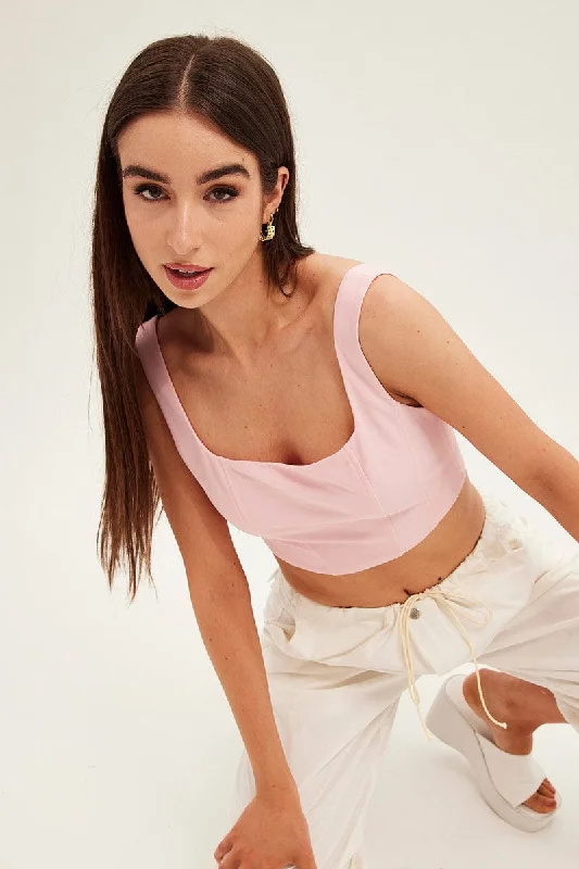 Pink Corset Top Shirred Back Sleeveless Crop Jersey