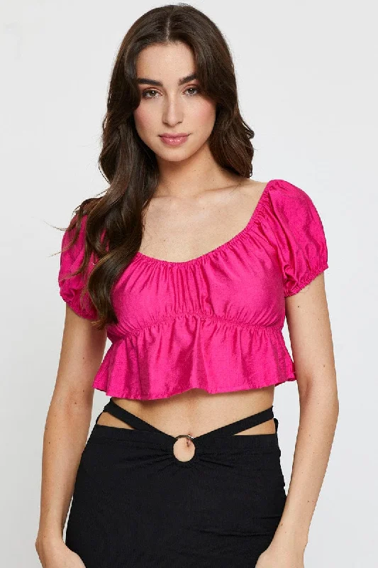 Pink Crop Top Short Sleeve Square Neck