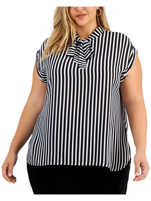 Plus Womens Striped Tie-Neck Shell