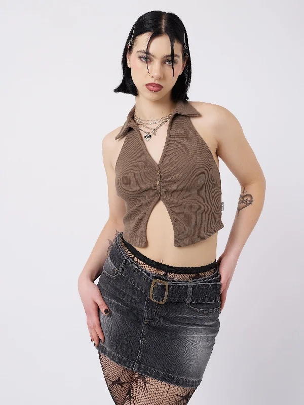 Raya Taupe Halter Neck Collar Top