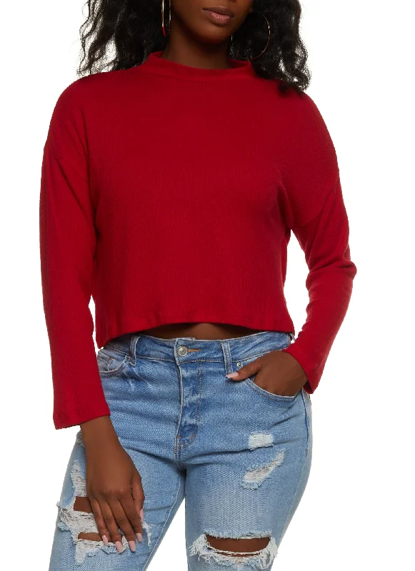 Ribbed Brushed Knit Boxy Mock Neck Sweater