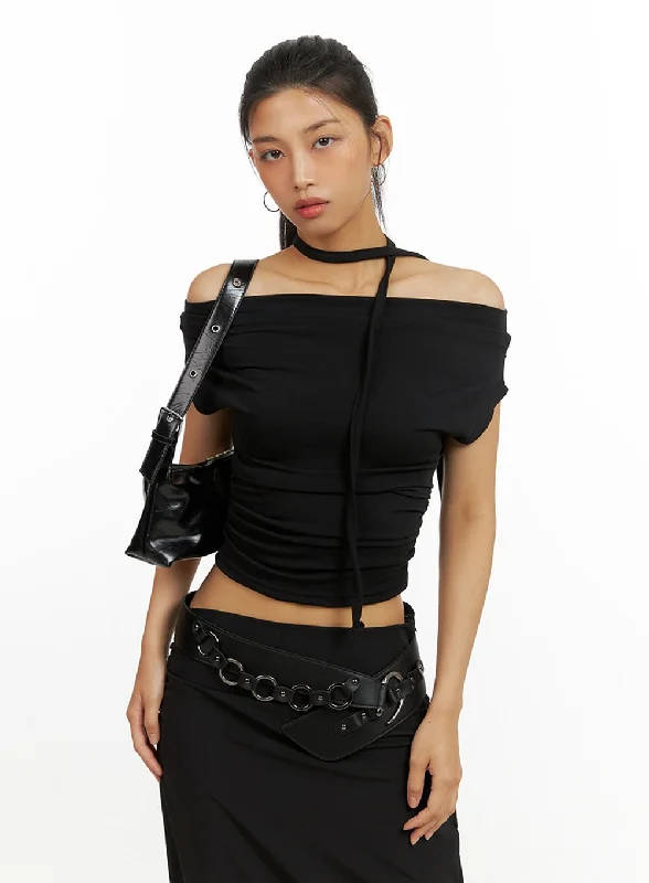 Shirred Off Shoulder Crop Top with Thin Scarf Set IU412