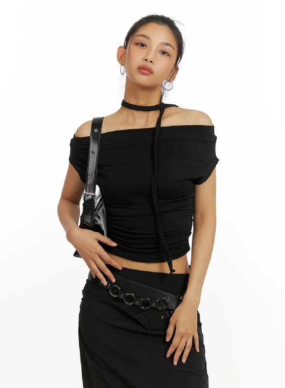 shirred-off-shoulder-crop-top-with-thin-scarf-set-iu412