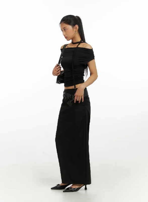 shirred-off-shoulder-crop-top-with-thin-scarf-set-iu412