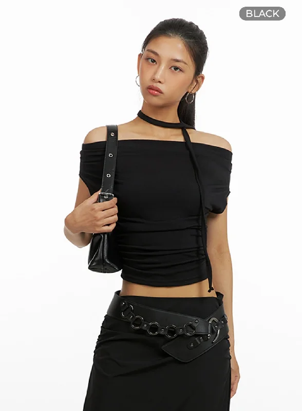 shirred-off-shoulder-crop-top-with-thin-scarf-set-iu412