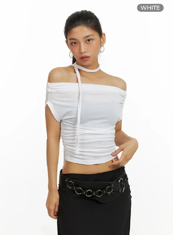 shirred-off-shoulder-crop-top-with-thin-scarf-set-iu412