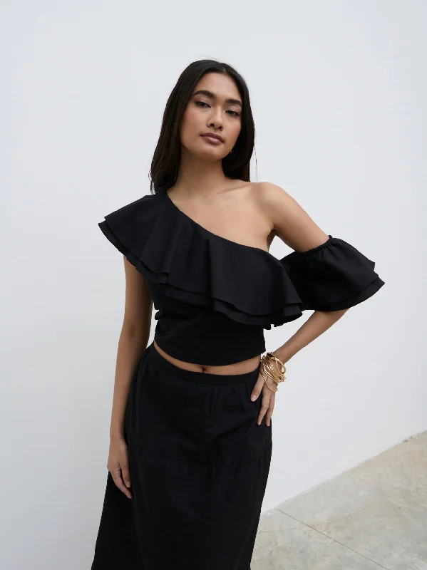 Sol Ruffle Cropped Top - Black