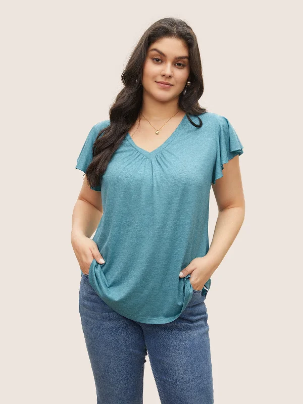 Solid Heather Gathered Ruffle Sleeve T-shirt