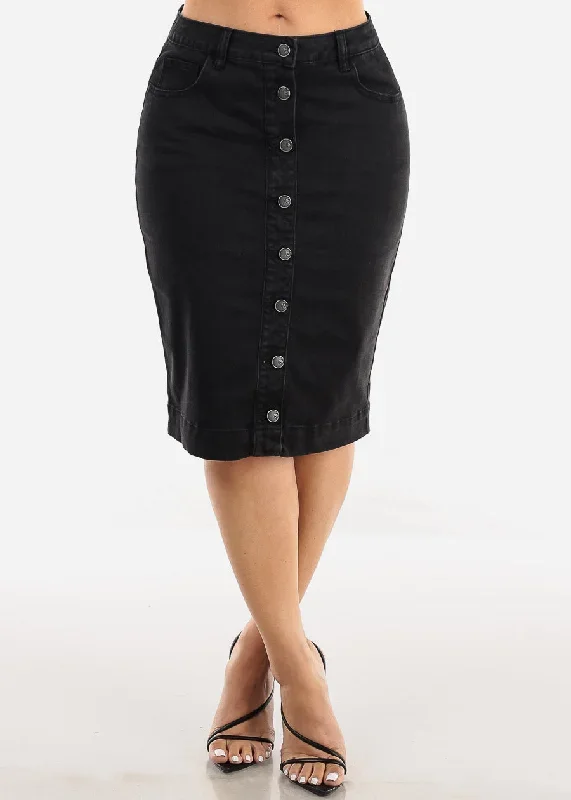 Stretchy Button Up Black Denim Pencil Skirt